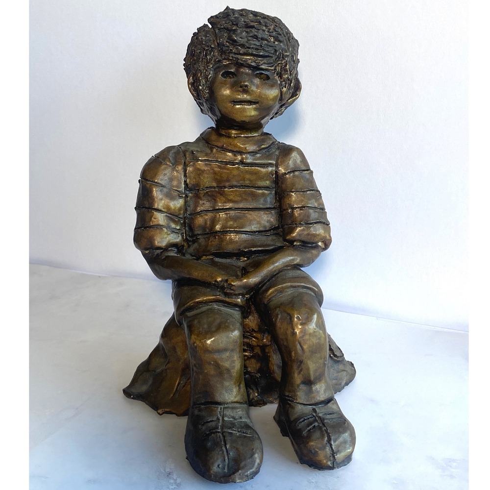 Vintage‎ Boy Child Sitting Bronze Glazed Rustic Sculpture Signed Studio Pottery